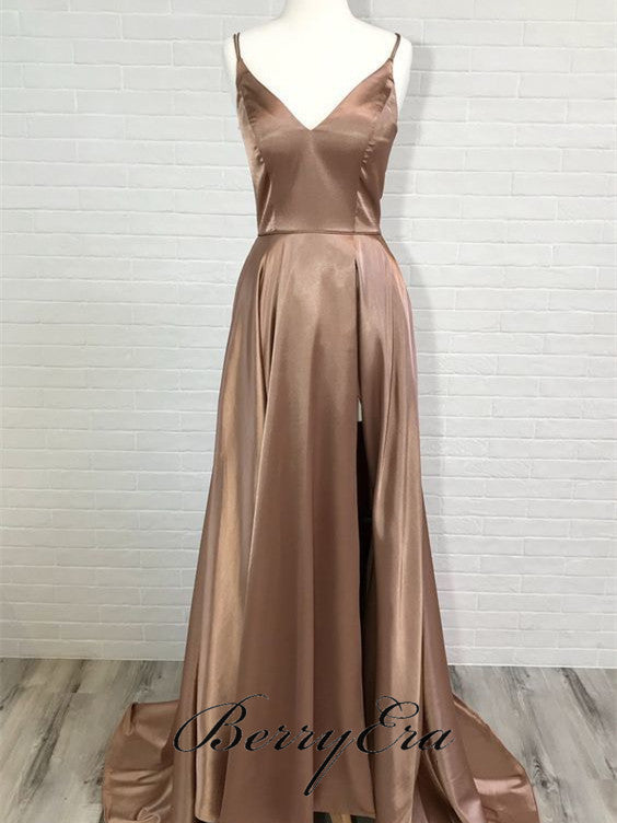 Simple Long A-line Side Slit Prom Dresses, Elastic Satin Prom Dresses, Long Prom Dresses