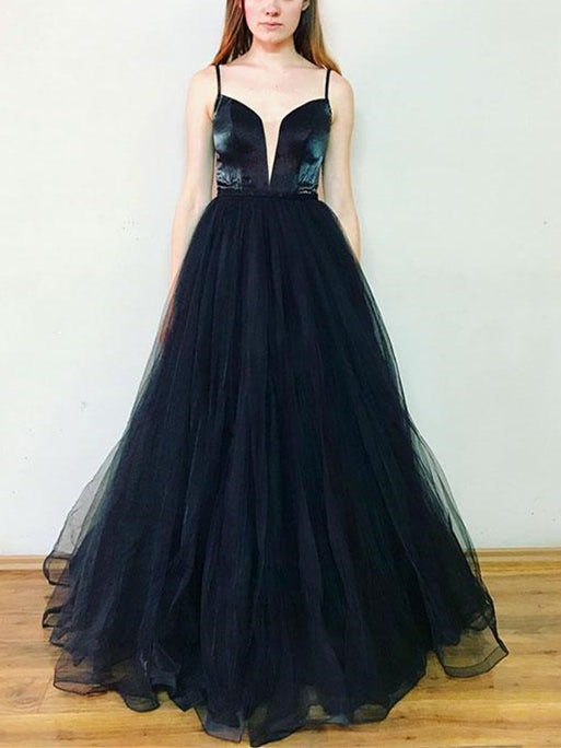 Spaghetti Long A-line Black Satin Tulle Prom Dresses, Simple Prom Dresses