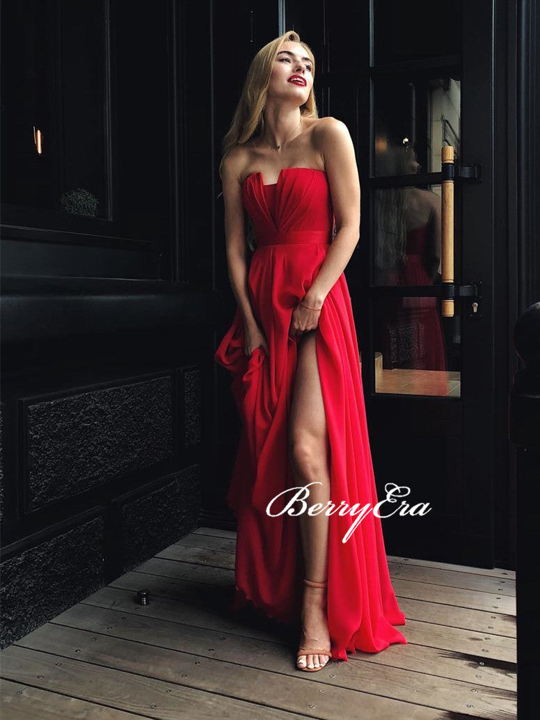 Strapless Chiffon Red Prom Dresses, Side Slit Prom Dresses, Simple Long Prom Dresses