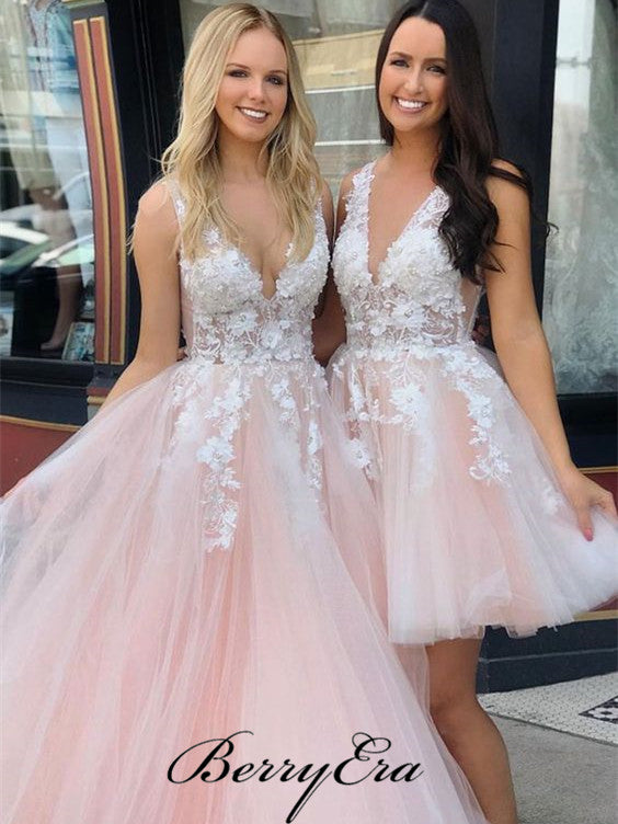 V-neck Lace Top Beaded A-line Pale Pink Prom Dresses