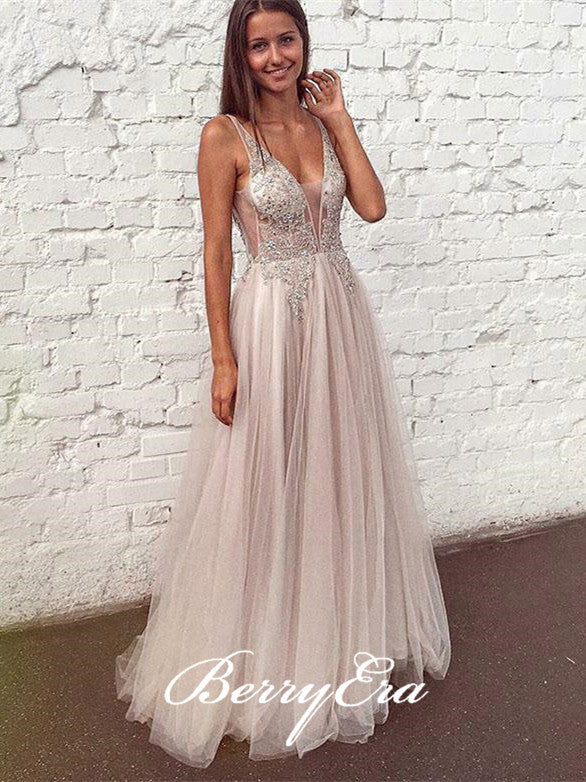 V-neck A-line Tulle Beaded Prom Dresses, Appliques Prom Dresses, Prom Dresses