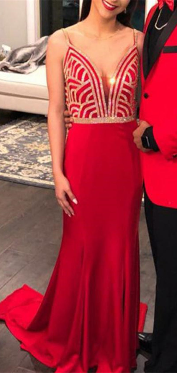 V-neck Long Mermaid Red Jersey Prom Dresses, Cheap Prom Dresses