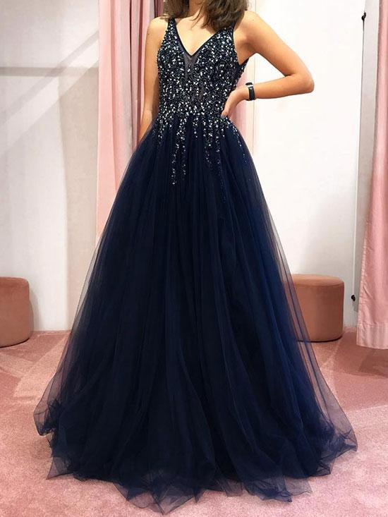 V-neck Long A-line Navy Beaded Tulle Prom Dresses, Popular Prom Dresses, Prom Dresses