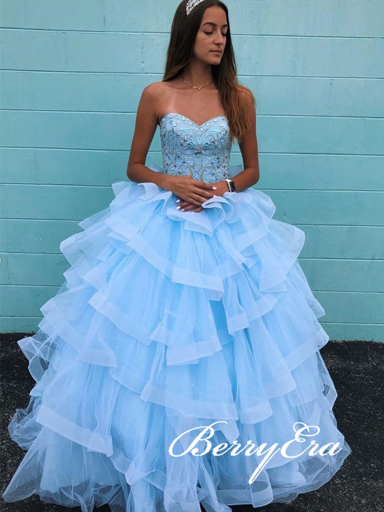 Sweetheart Long Blue Tulle Beaded Ball Gown Prom Dresses, Long Prom Dresses, 2020 Prom Dresses