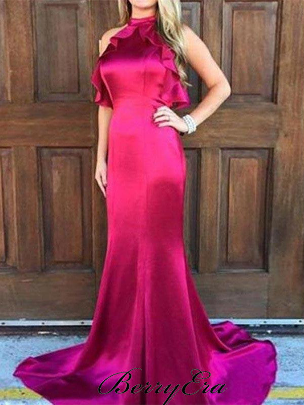 Simple Elegant Long Mermaid Prom Dresses, Ruffled Prom Dresses, Open Back Prom Dresses