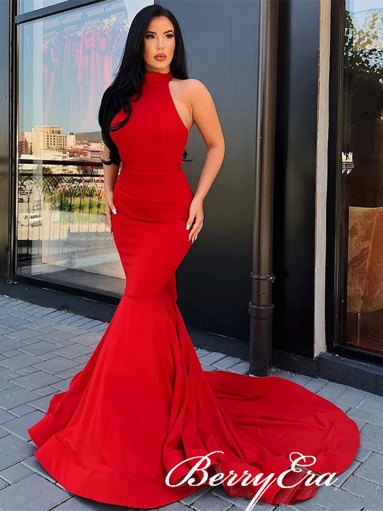 Red Long Mermaid Jersey Prom Dresses, Ruffled Long Prom Dresses, Popular Prom Dresses