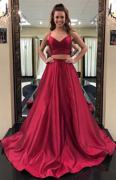 2 Pieces Long A-line Red Satin Simple Design Prom Dresses