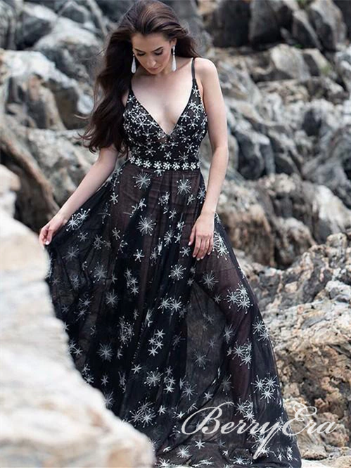 V-neck Long A-line Black Firework Chiffon Prom Dresses, Chic Prom Dresses, Long Prom Dresses