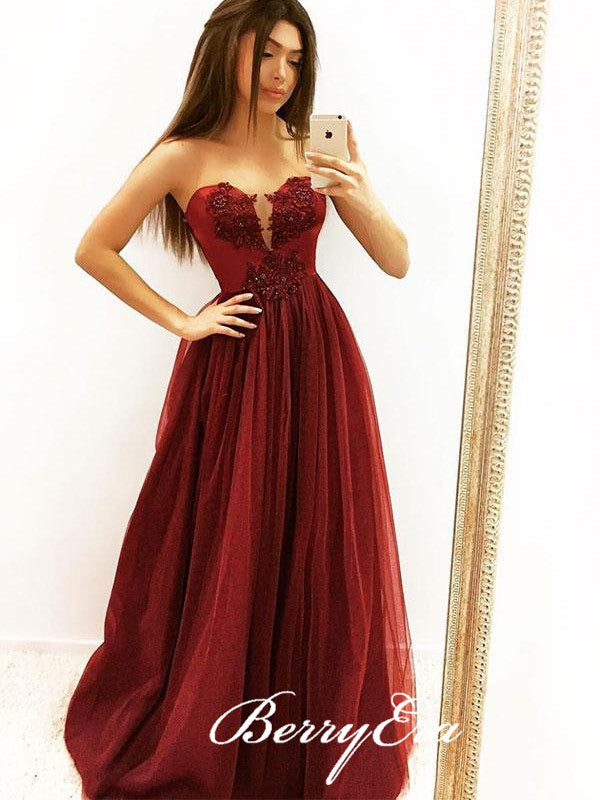 Sweetheart A-line Burgundy Appliques Beaded Prom Dresses, Tulle Prom Dresses