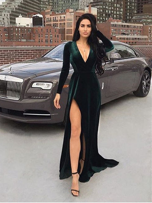 V-neck Emerald Green Velvet Prom Dresses, Side Slit Prom Dresses, Long Prom Dresses