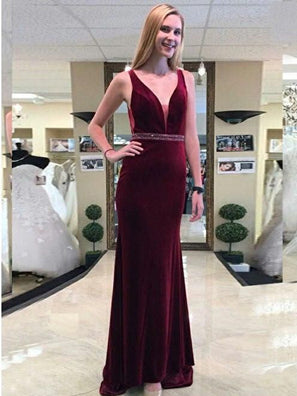 V-neck Long Sheath Velvet Prom Dresses, Beaded Prom Dresses, Long Prom Dresses