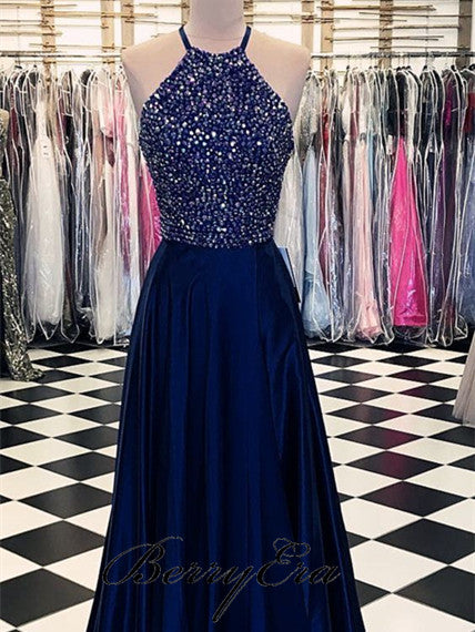 Halter Rhinestone Beaded A-line Prom Dresses, Long Prom Dresses, Affordable Prom Dresses