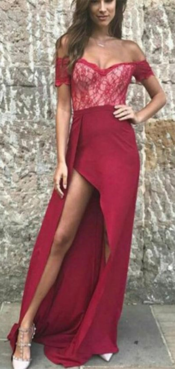 Off Shoulder Lace Top Side Slit Prom Dresses, Cheap Prom Dresses