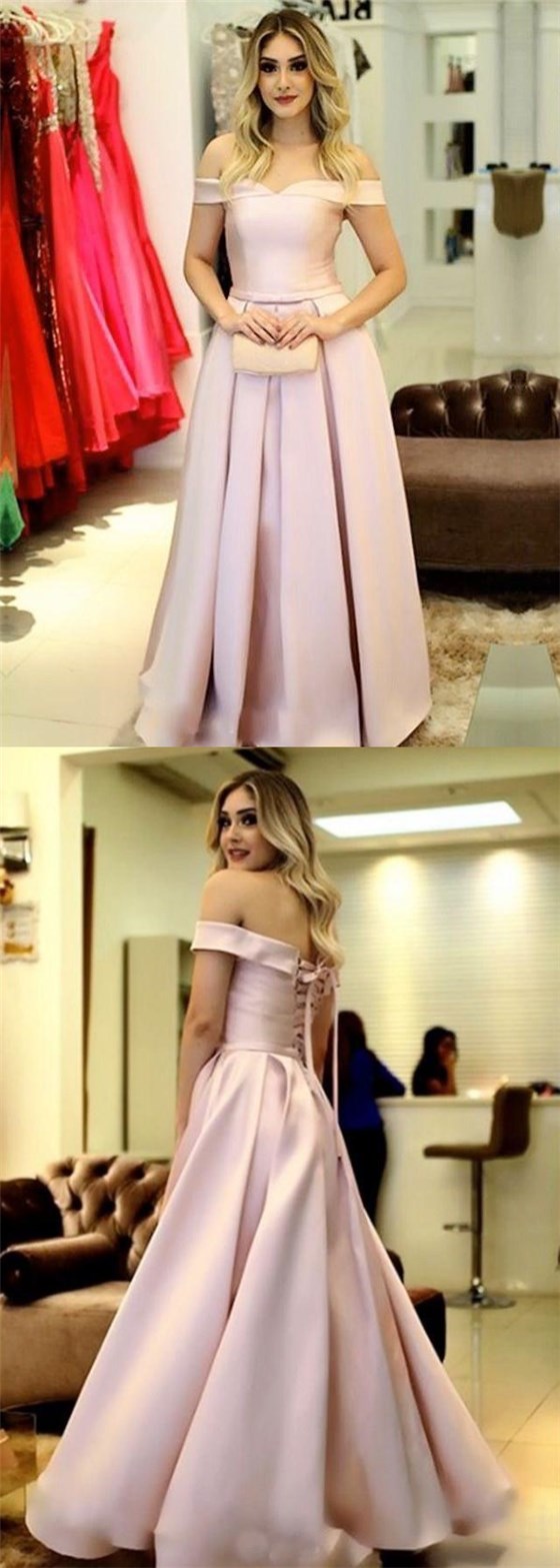 Off Shoulder Pink Satin Long Prom Dresses