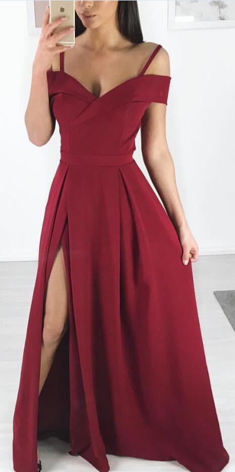 Spaghetti Long A-line Side Slit Simple Design Prom Formal Dresses