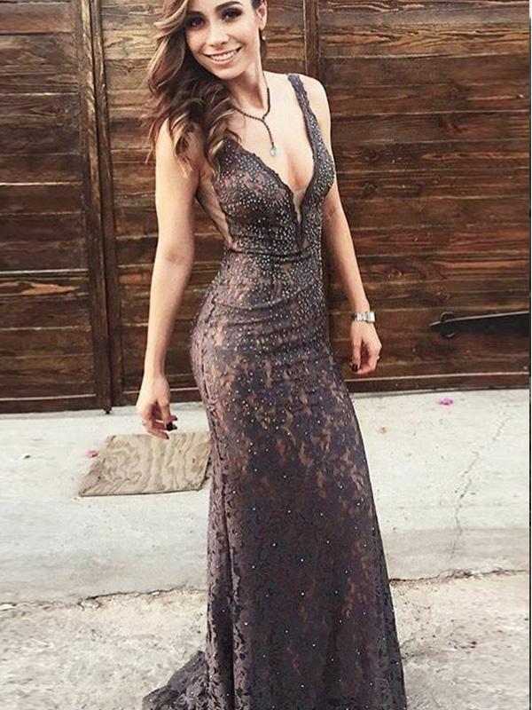 V-neck Lace Mermaid Sexy Beaded Long Prom Dresses