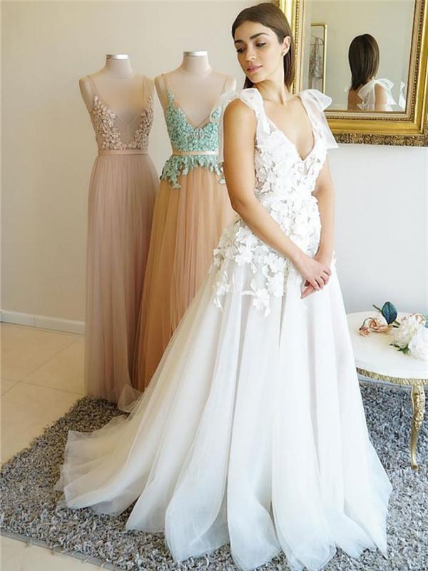 V-neck Long A-line Lace Tulle Prom Dresses