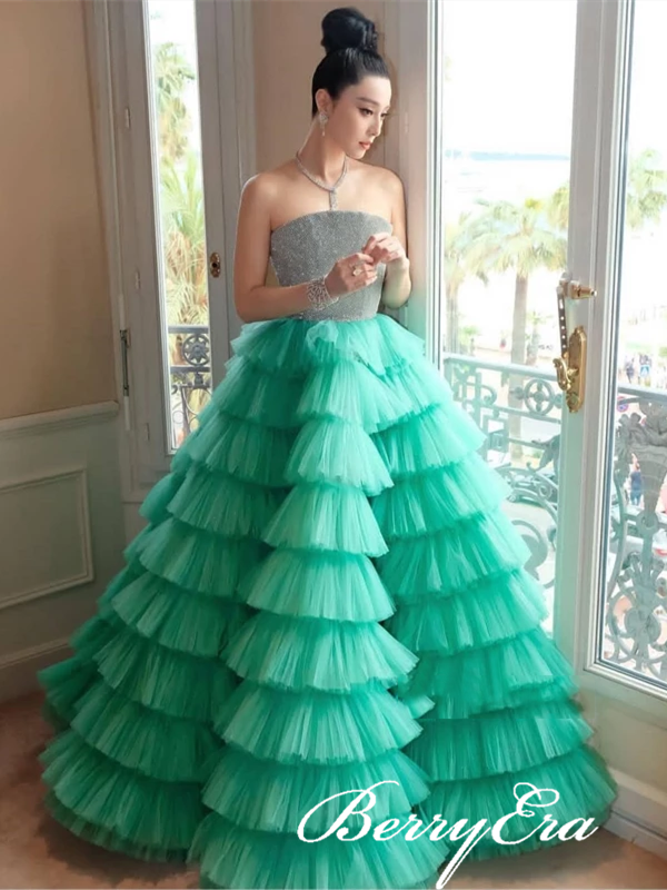 Strapless Long A-line Green Tulle Fluffy Beaded Prom Dresses, Ball Gown, Long Prom Dresses