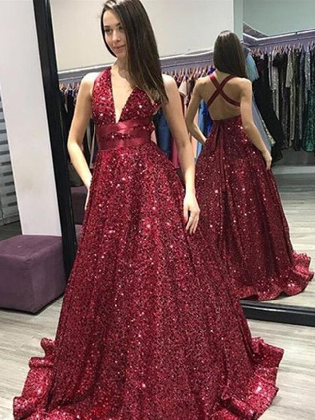 V-neck Dark Red Sequin Long A-line Shiny Prom Dresses