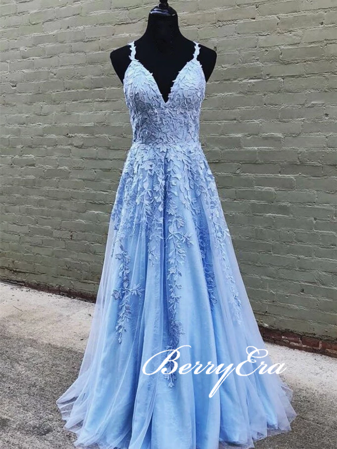 Spaghetti Long A-line Light Blue Lace Prom Dresses, Long Prom Dresses, 2020 Prom Dresses