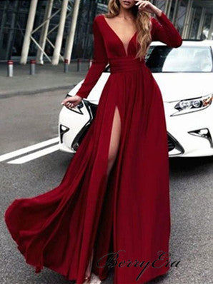 V-neck Long Sleeves Burgundy Jersey Prom Dresses, Long Prom Dresses, Prom Dresses