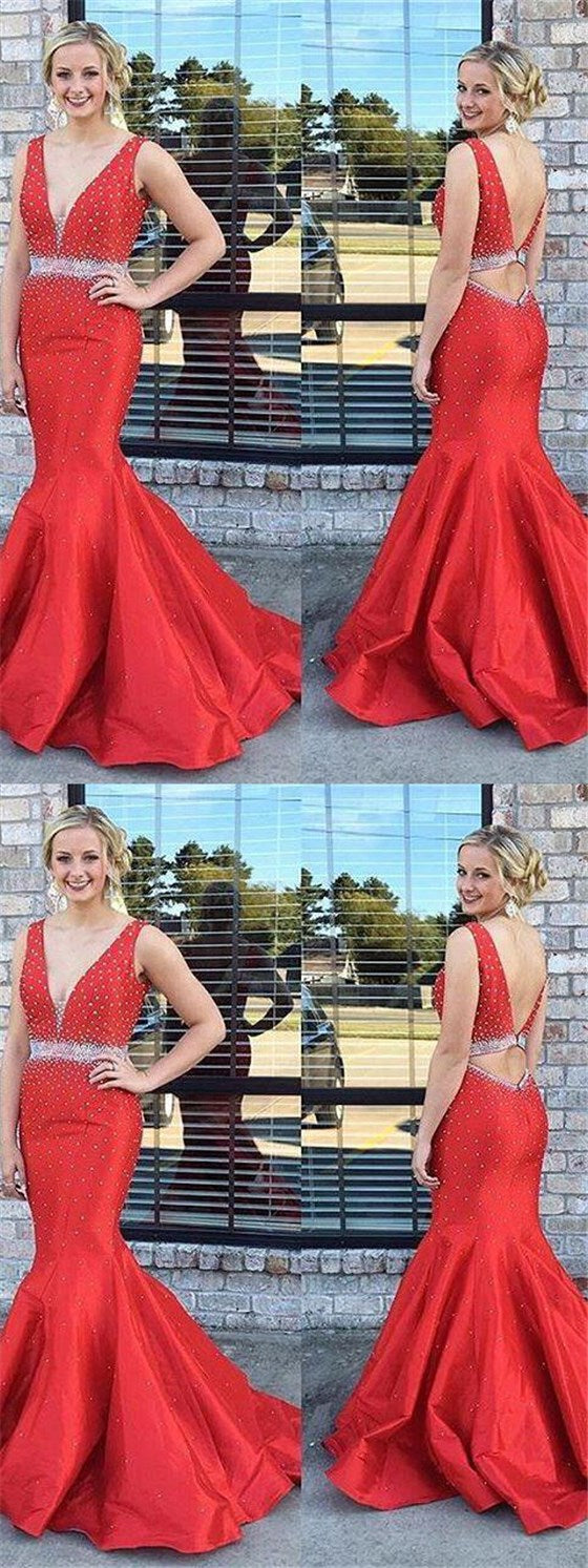 V-neck Red Satin Beaded Long Mermaid Prom Dresses