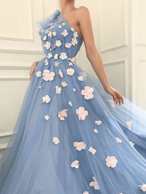 One Shoulder Long A-line Blue Tulle Prom Dresses, 3D Flowers Prom Dresses, 2020 Long Prom Dresses