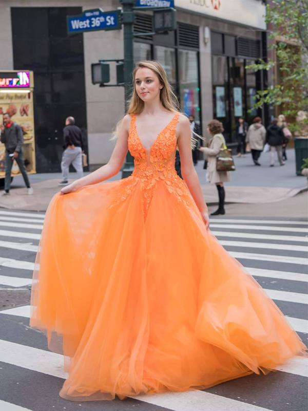 Orange Color V-neck 2021 Long Prom Dresses, A-line Lace Popular Evening Party Dresses