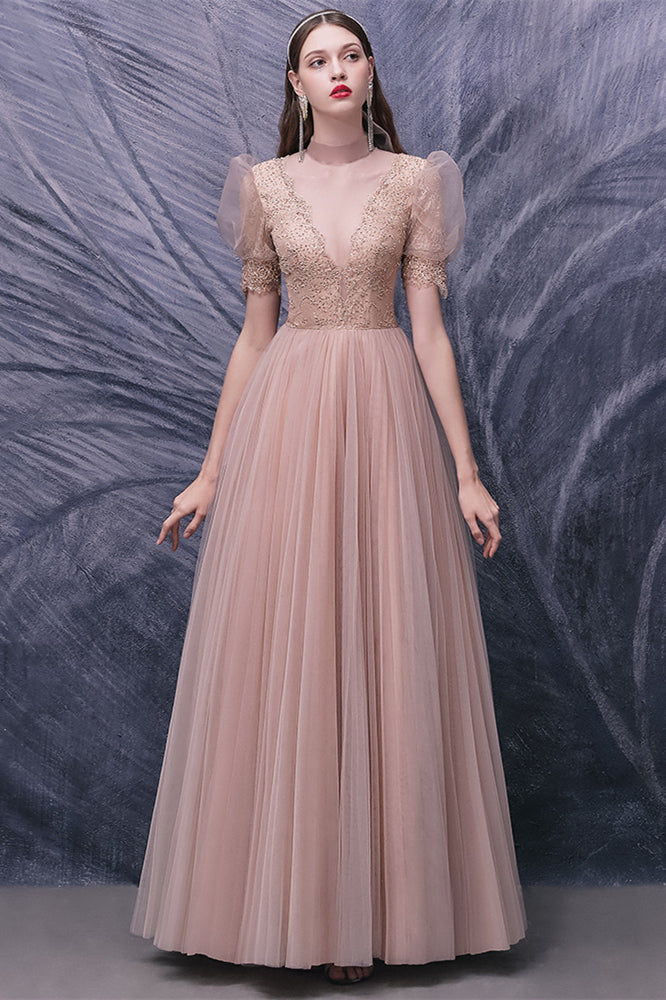 Nude Pink Lace Prom Dresses, Bubble Sleeved Prom Dresses, Popular 2021 Prom Dresses