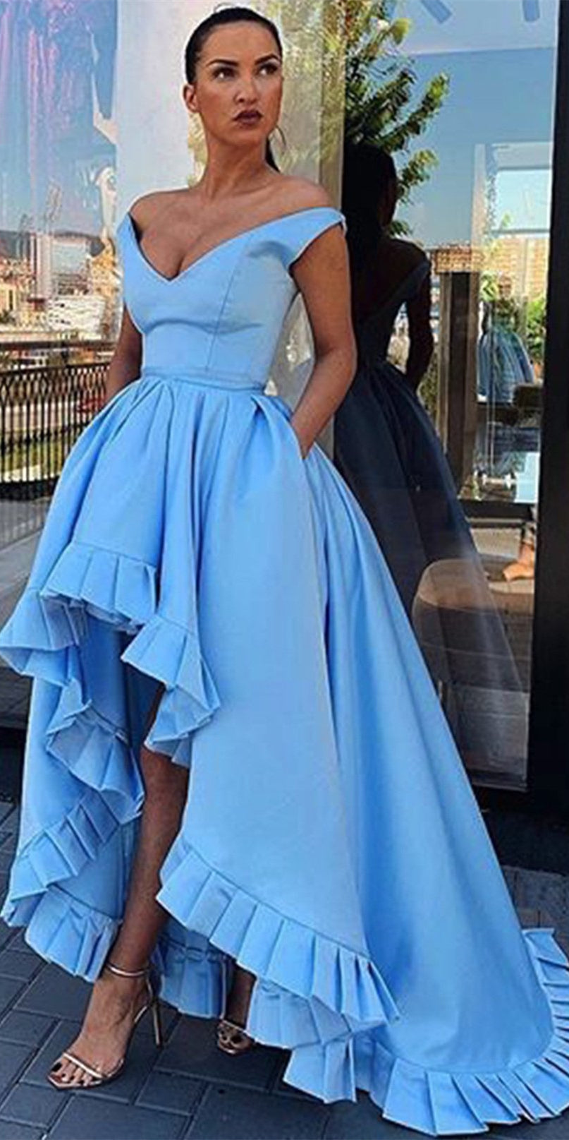 Off Shoulder Hi-low Prom Dresses, Sky Blue Prom Dresses, Long Prom Dresses, 2021 Prom Dresses, Cheap Prom Dresses