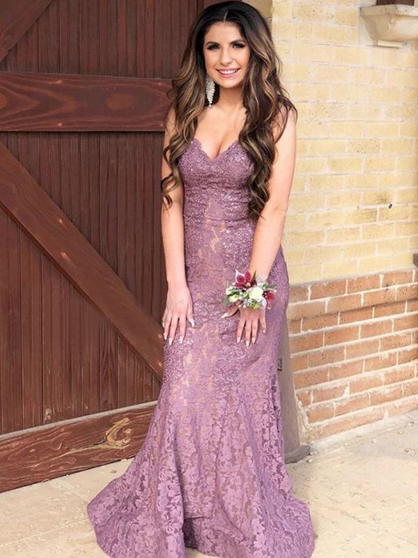 V-neck Lace Mermaid Long Prom Dresses