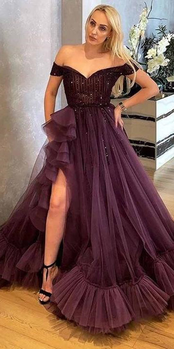 Off Shoulder Long A-line High Slit Prom Dresses, Tulle Beaded Prom Dresses, 2021 Prom Dresses