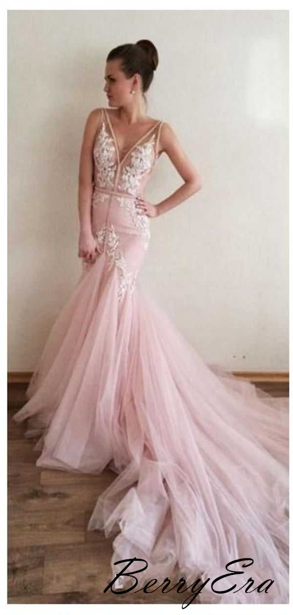 Pink Sweet Lace Long Prom Dresses, Mermaid Tulle Party Prom Dresses