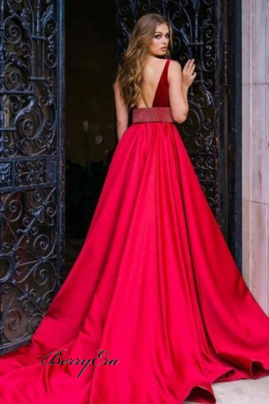 V-Neck Red Velvet Top Beaded Long Satin Prom Dresses Cheap Prom Dresses