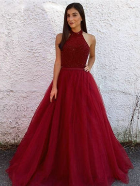 Red Halter Long A-line Beaded Tulle Prom Dresses