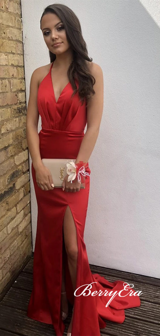 V-neck Long Mermaid Red Satin Prom Dresses, Lace Up Prom Dresses, Simple Long Prom Dresses