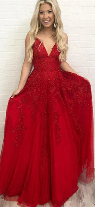 Red Lace Prom Dresses, A-line Prom Dresses, Long Prom Dresses, Lovely 2020 Prom Dresses