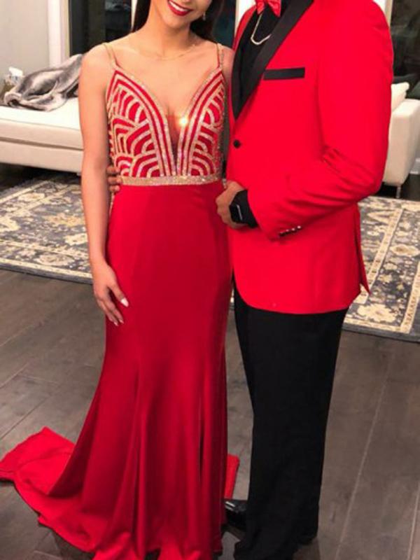 V-neck Long Mermaid Red Jersey Prom Dresses, Cheap Prom Dresses