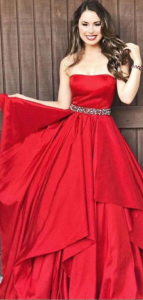 Strapless A-line Red  Satin Beads Long Prom Dresses