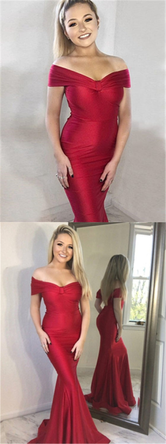 Off Shoulder Long Mermaid Red Prom Dresses, Soft Satin Long Prom Dresses