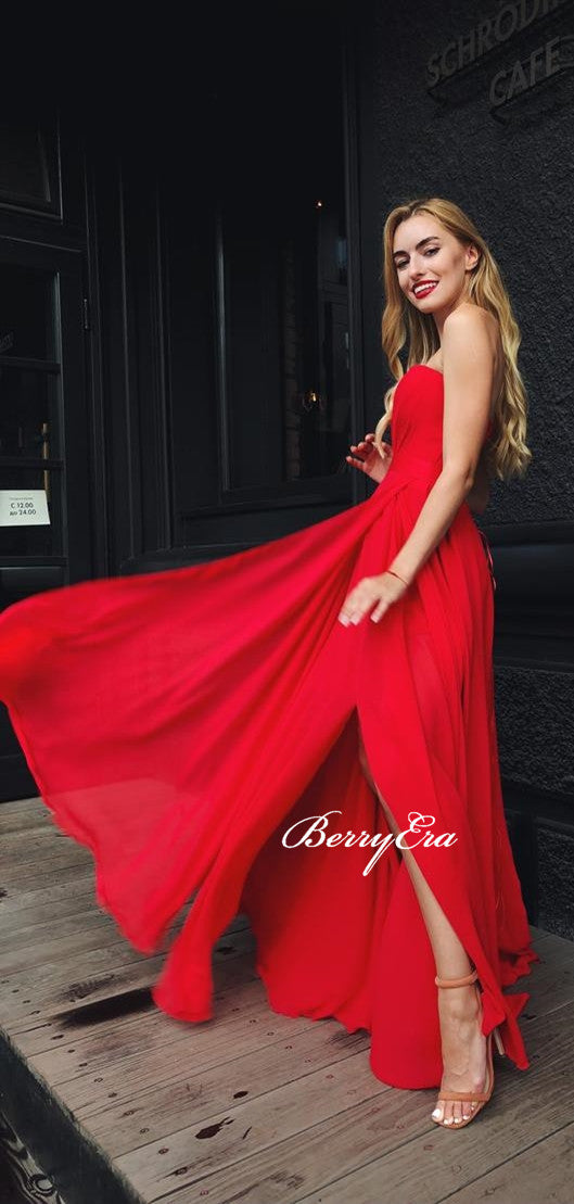 Strapless Chiffon Red Prom Dresses, Side Slit Prom Dresses, Simple Long Prom Dresses