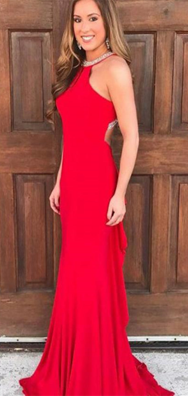 Simple Long Mermaid Red Jersey Beaded Prom Dresses, Cheap Prom Dresses