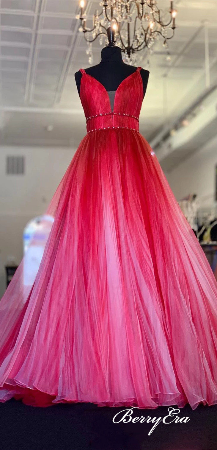 Straps V-neck Red Tulle Prom Dresses, Beaded Long Prom Dresses, Gradient Prom Dresses