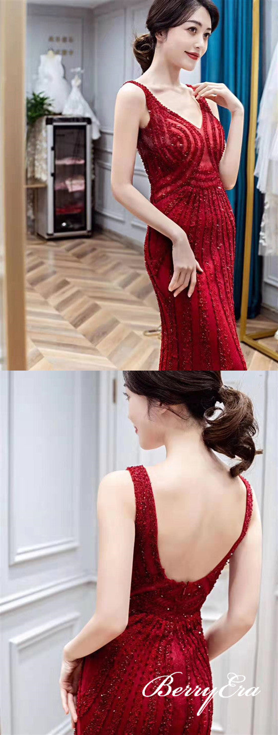 V-neck Red Beaded Long Mermaid Prom Dresses, Long Prom Dresses, Mermaid Prom Dresses