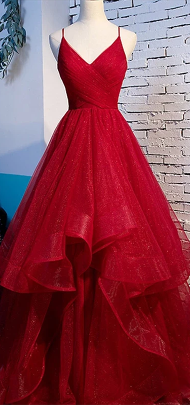 Red Sequin Tulle Long Prom Dresses, 2020 Prom Dresses, Shemmering Prom Dresses