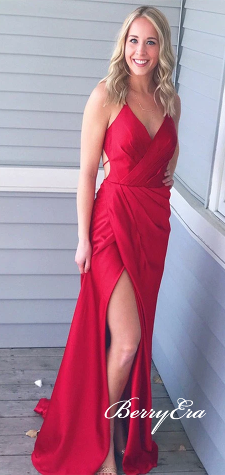 V-neck Long Mermaid Side Slit Red Prom Dresses, Long Prom Dresses, Simple Prom Dresses