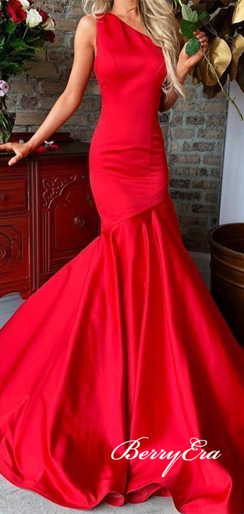 One Shoulder Long Mermaid Red Prom Dresses, Satin Prom Dresses, Long Prom Dresses, Affordable Prom Dresses