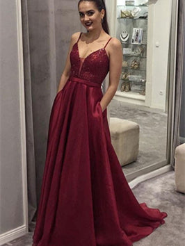 Spaghetti Dark Red Sequin Top A-line Organza Prom Dresses, Long Prom Dresses