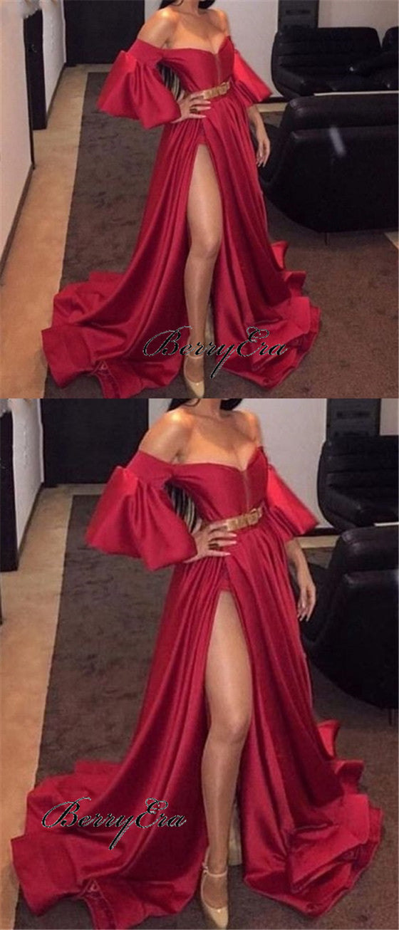 Off Shoulder Long A-line Side Slit Prom Dresses, Red Prom Dresses, Long Prom Dresses