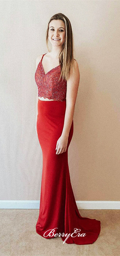 2 Pieces Lace Mermaid Prom Dresses, Red Jersey Prom Dresses, Long Prom Dresses